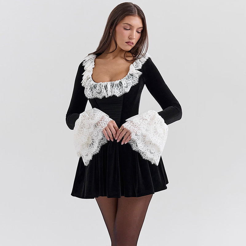 Autumn Fashion Sexy Chic Lace Velvet Long Sleeve A-Line Dress 3
