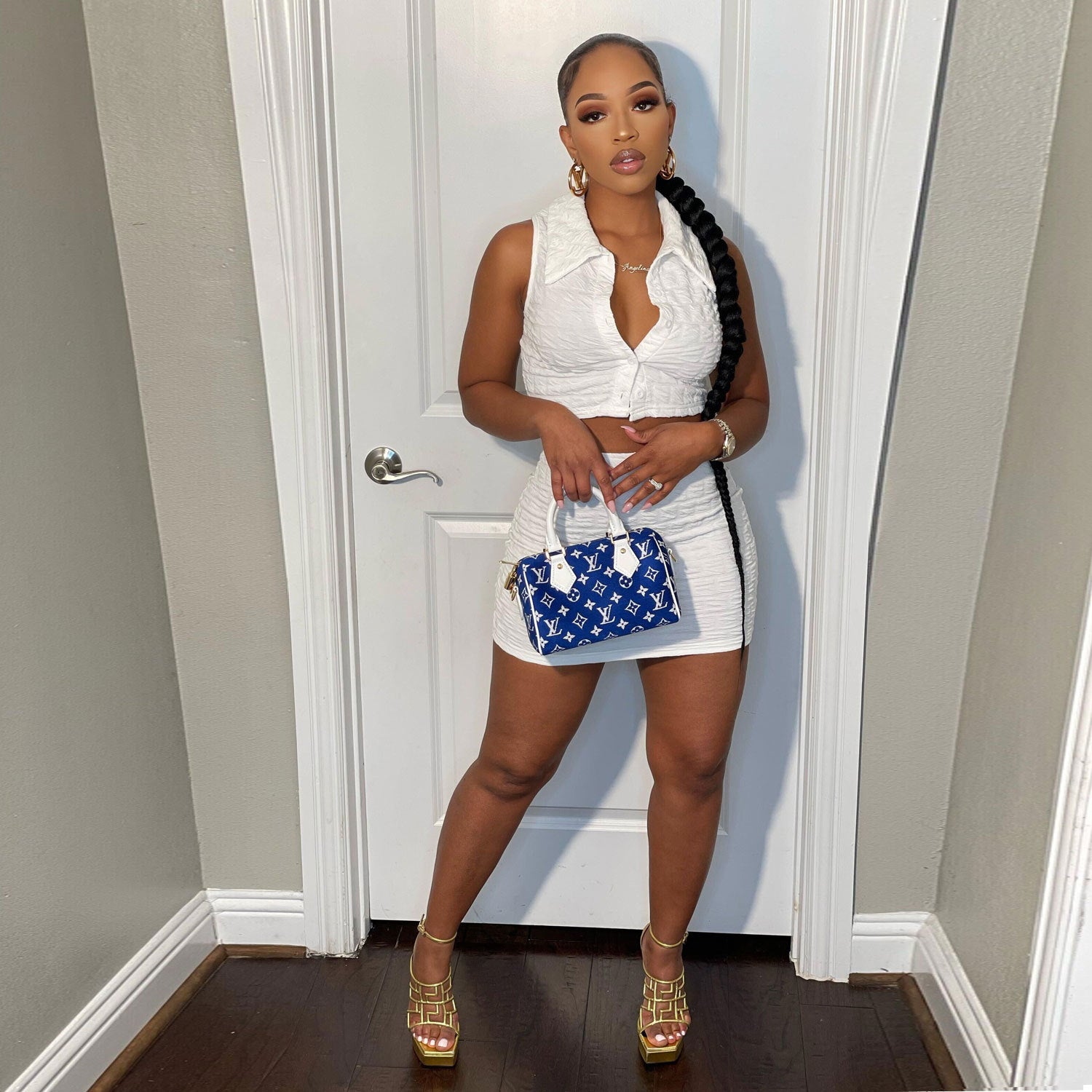 Women Sexy Solid Sleeveless Shirt Slim Nightclub Skirt Two Piece Set 6