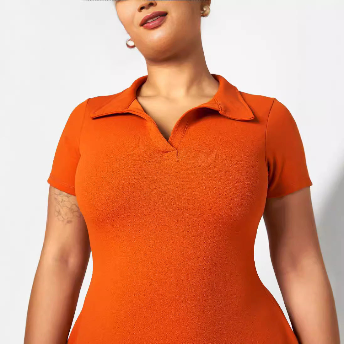 Women's Solid Color Turndown Collar Short Sleeve Loose Plus Size Dress 5