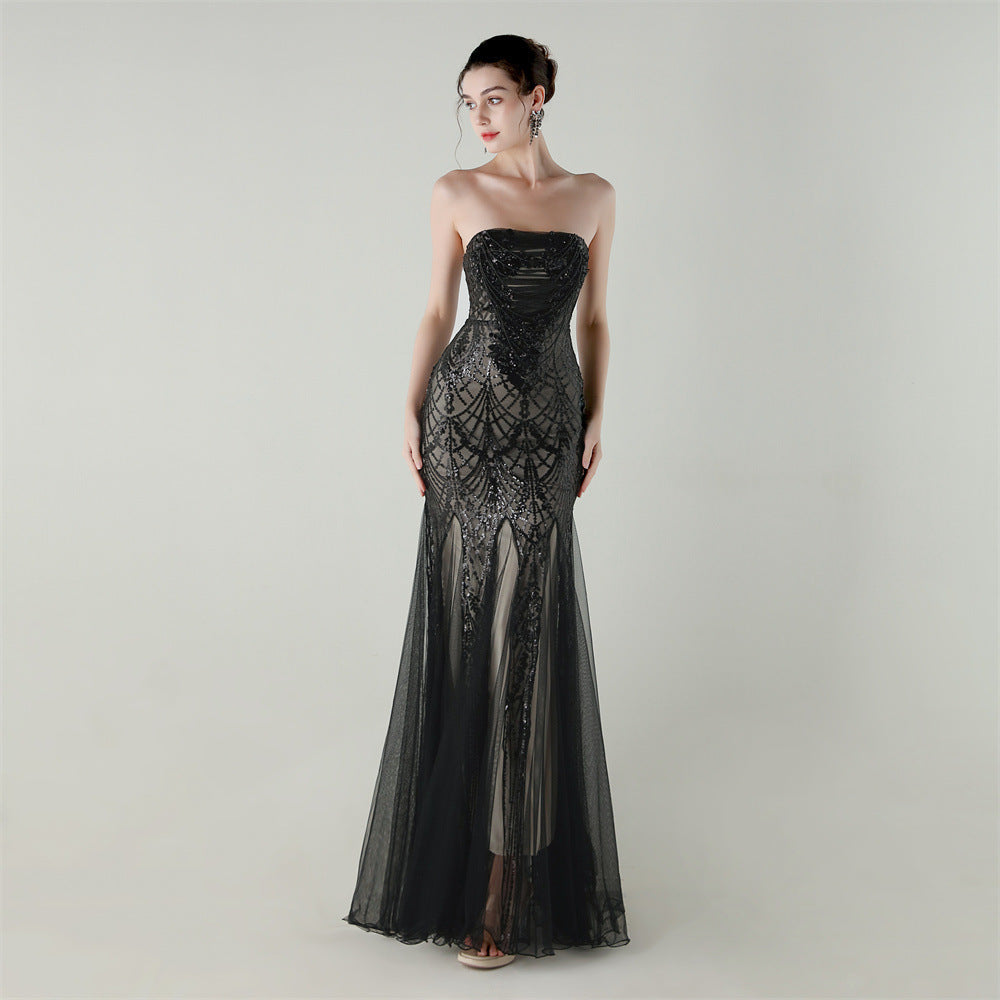 Women sequined mesh beaded tube flower Strapless fishtail skirt Formal Party evening dress 12