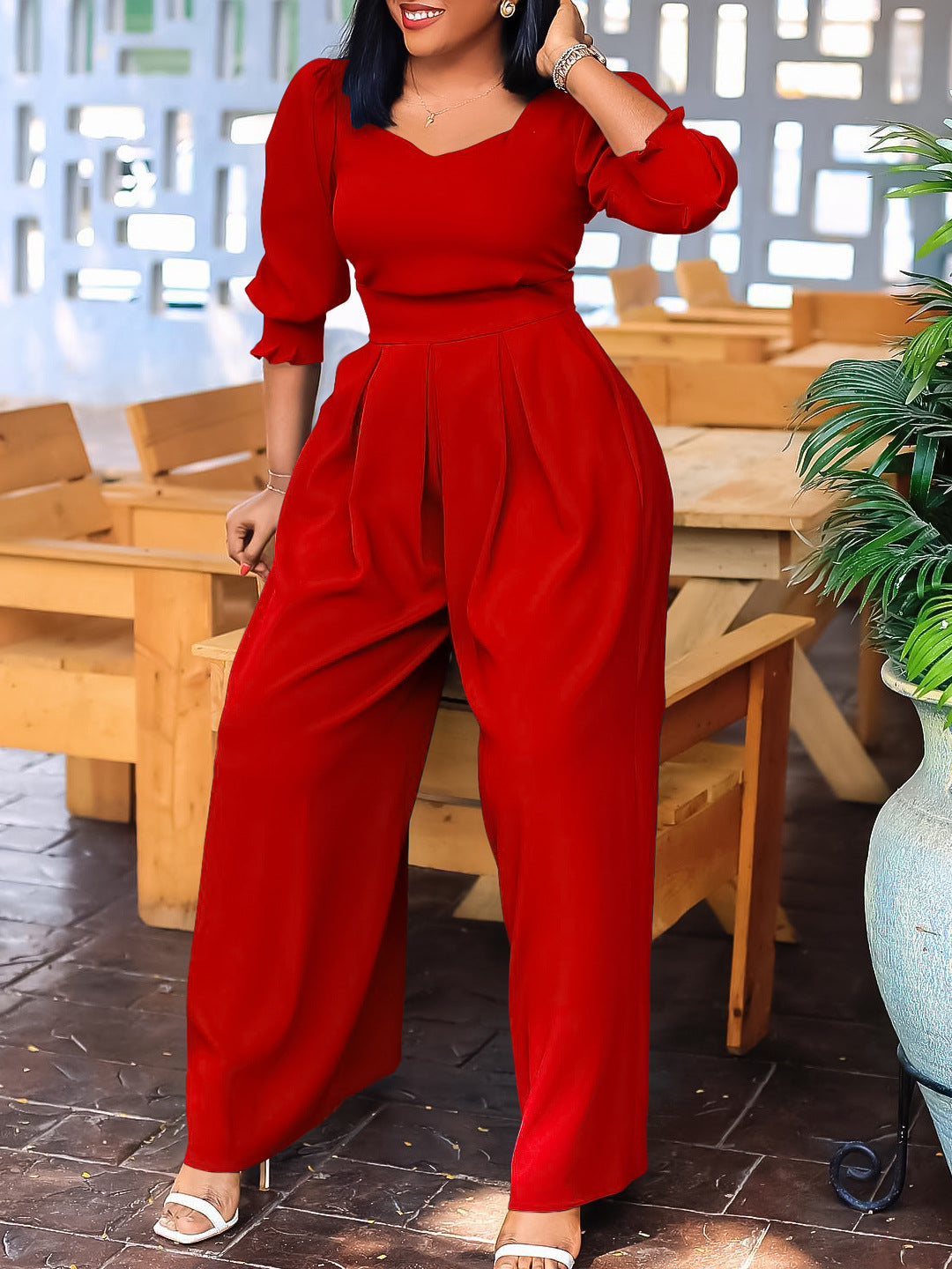 Plus Size African Women Long Sleeve Solid Loose Wide Leg Jumpsuit 6