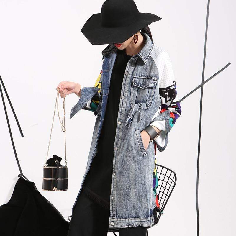 Women Fashion Graphic Loose Washed Denim Jacket