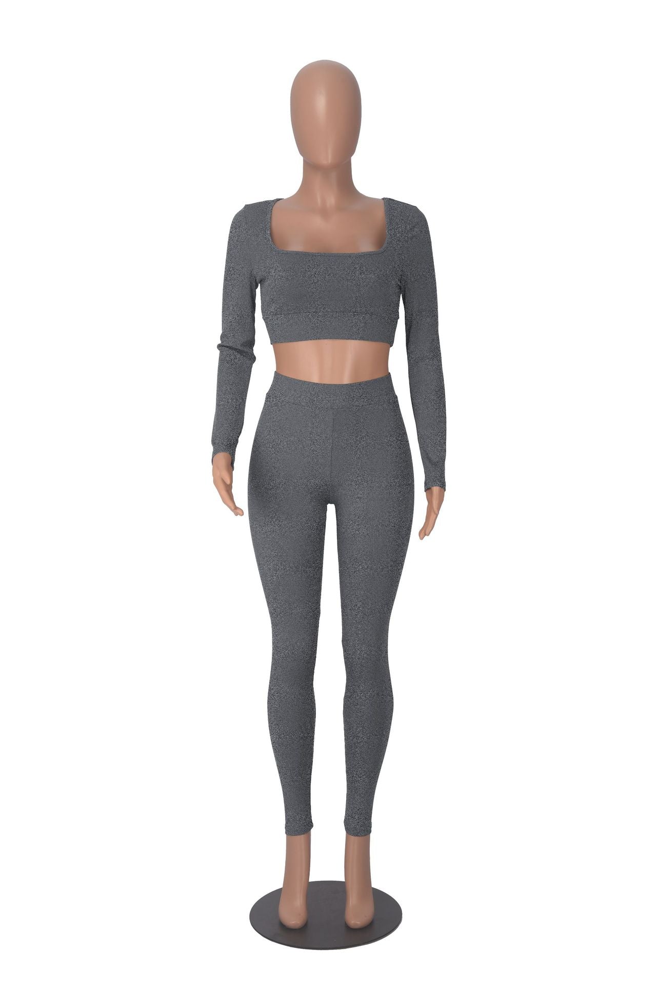 Women Winter Solid Long Sleeve Square Neck Top and Pant Two-piece Set 21