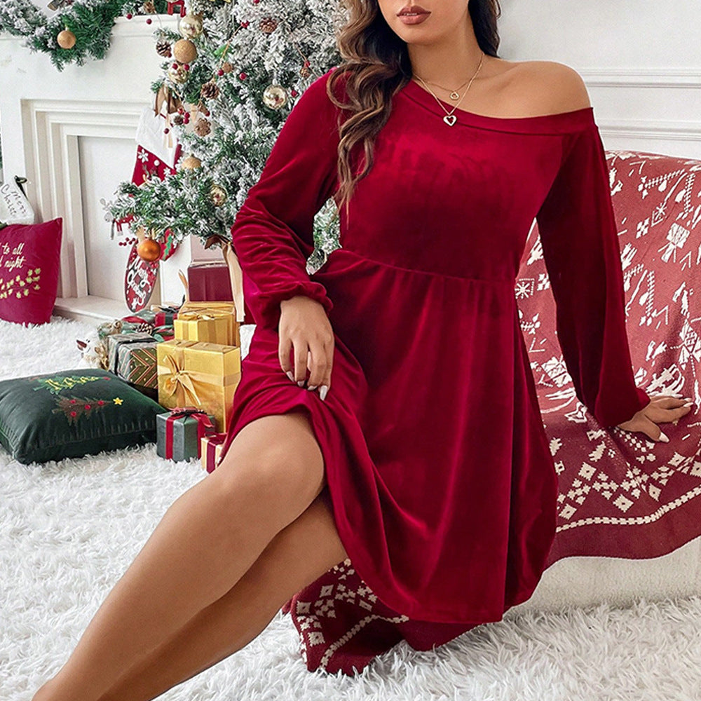 Christmas Plus Size Women's Chic Sexy Off Shoulder Long Sleeve Velvet Slim Waist A-Line Dress 5