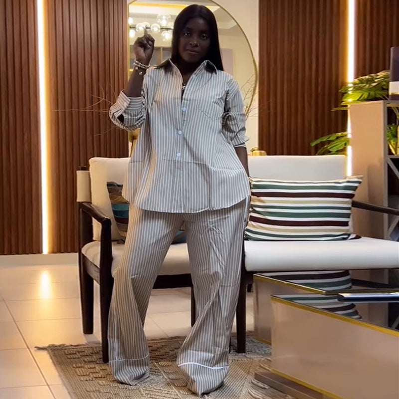 African Women's Summer Turndown Collar Loose Striped Shirt & Wide-Leg Pants Two Piece Set 3
