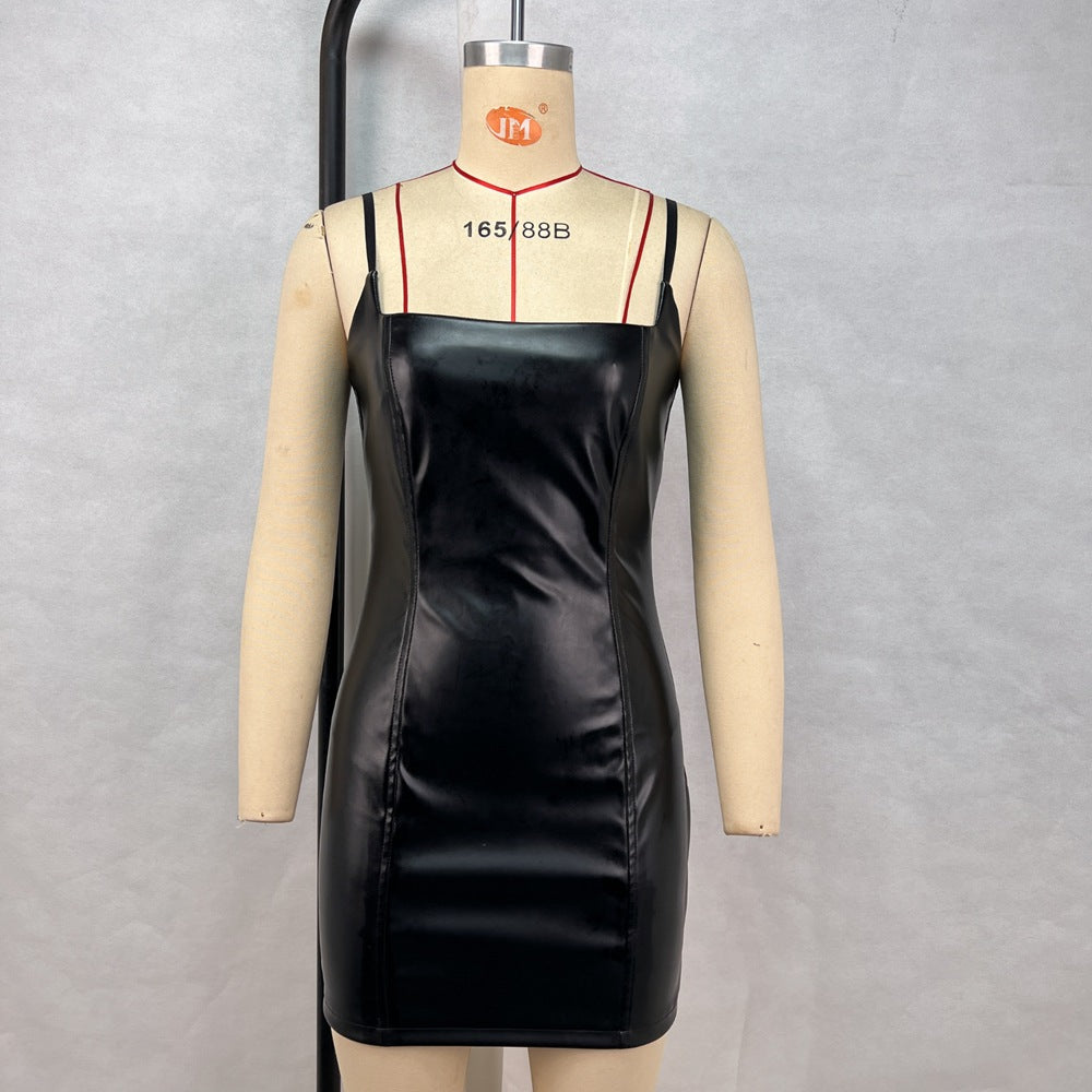 Women Sexy Off Shoulder Bodycon Pu Leather Strap Dress 8