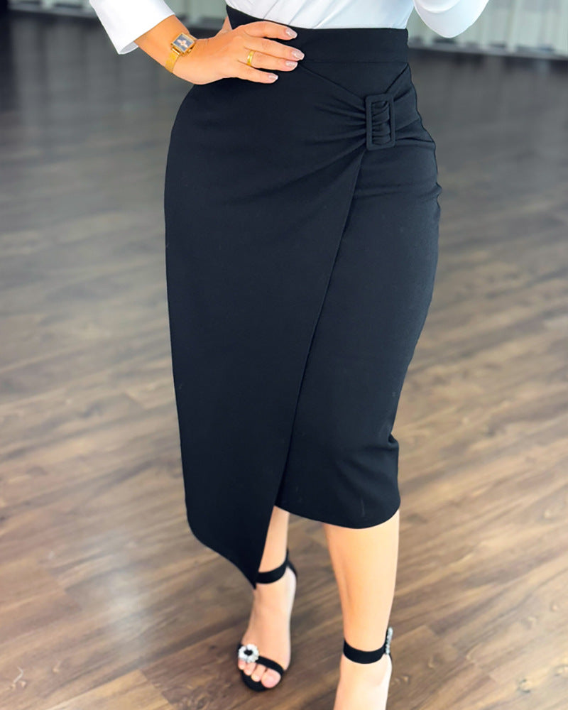 Women's black high waist Career lace-up waist fake two-piece long skirt 3