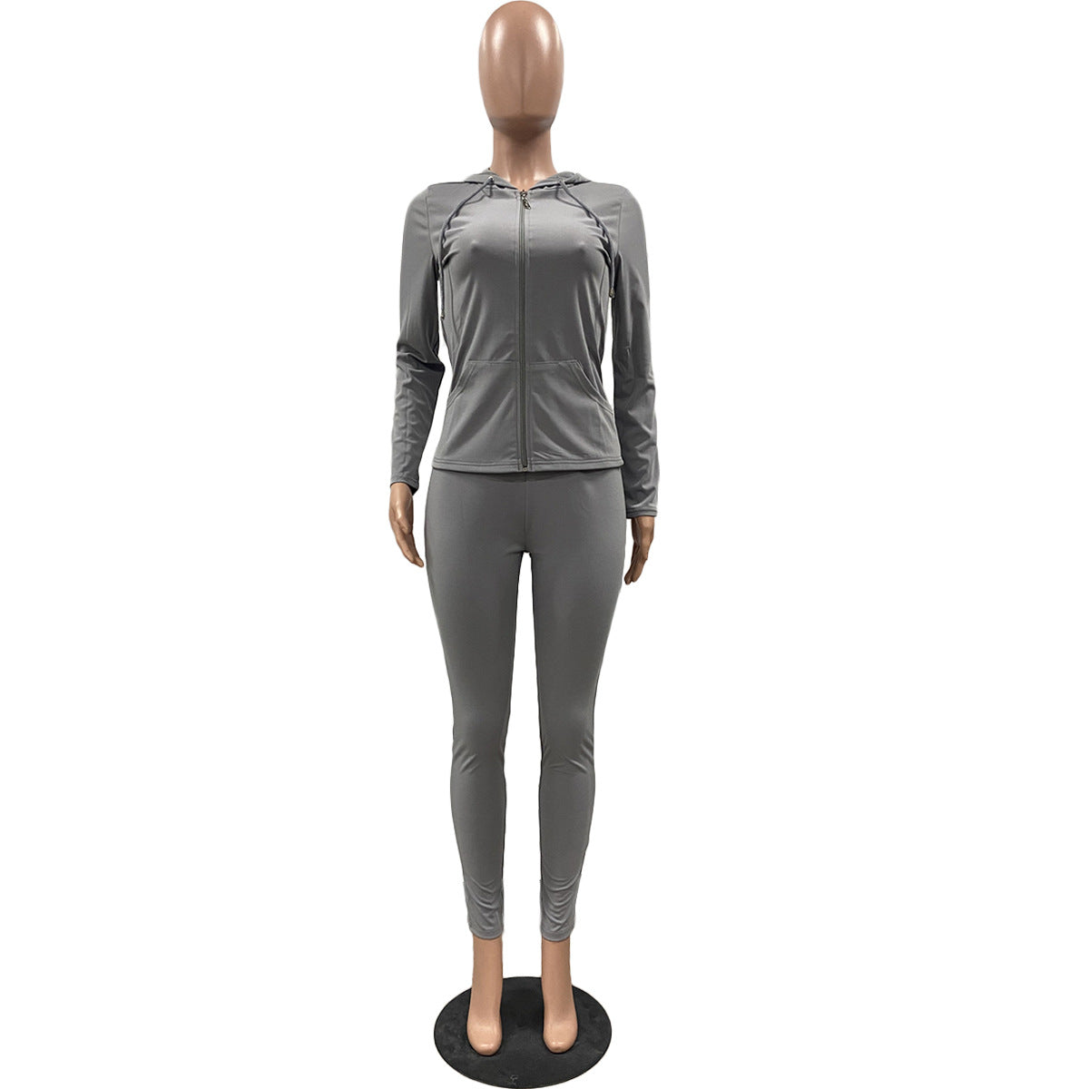 Women Summer Sports Hooded Full Sleeves Solid Pockets Regular Two Piece Pants Set 58