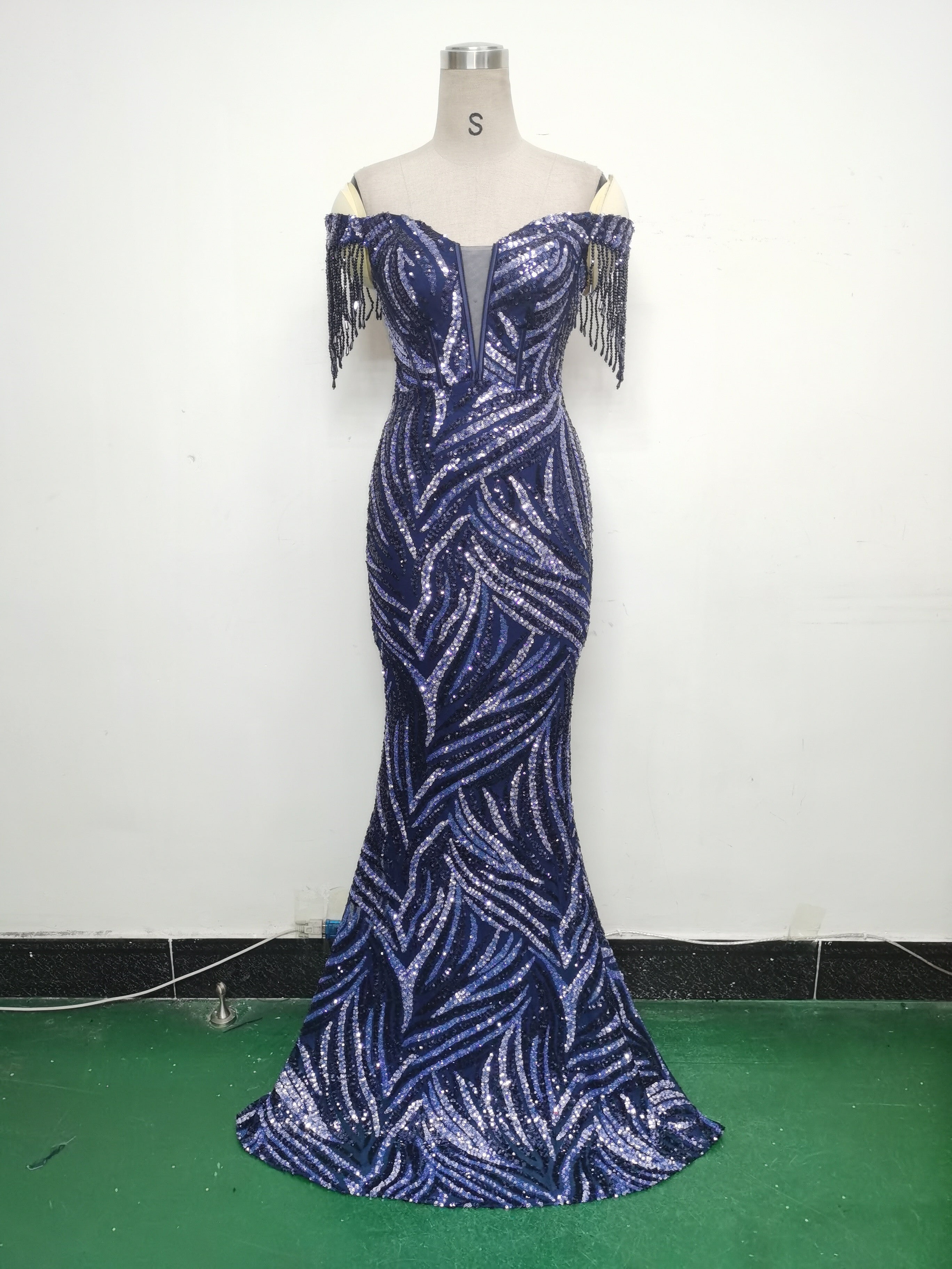 Off Shoulder Tassels Fishbone Slim Waist Lace-Up Sequin Evening Dress 23