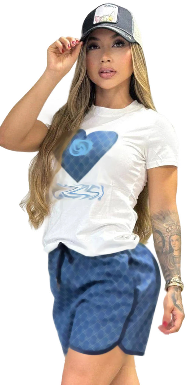 Women's Summer Embroidered Short Sleeve T-shirt and Shorts Set 7