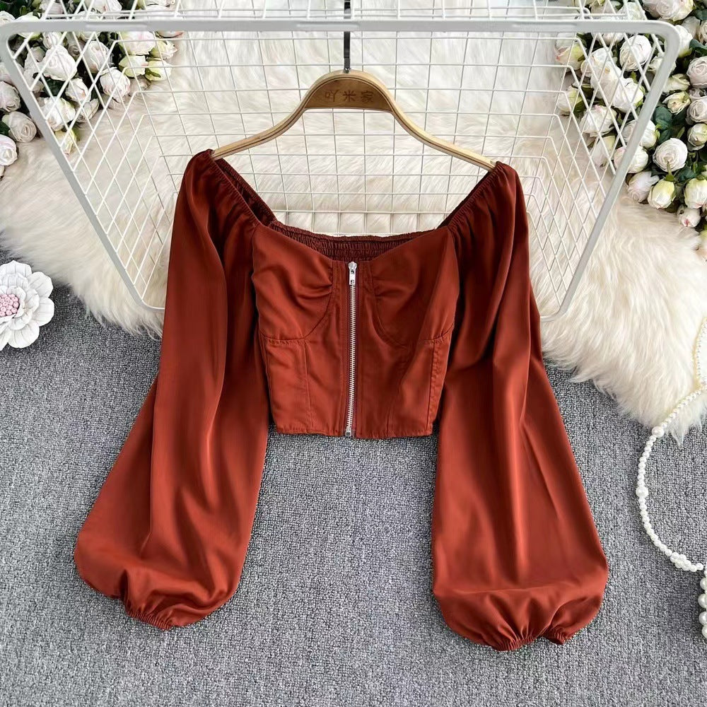 Women Zipper Puff Long Sleeve Shirt 13