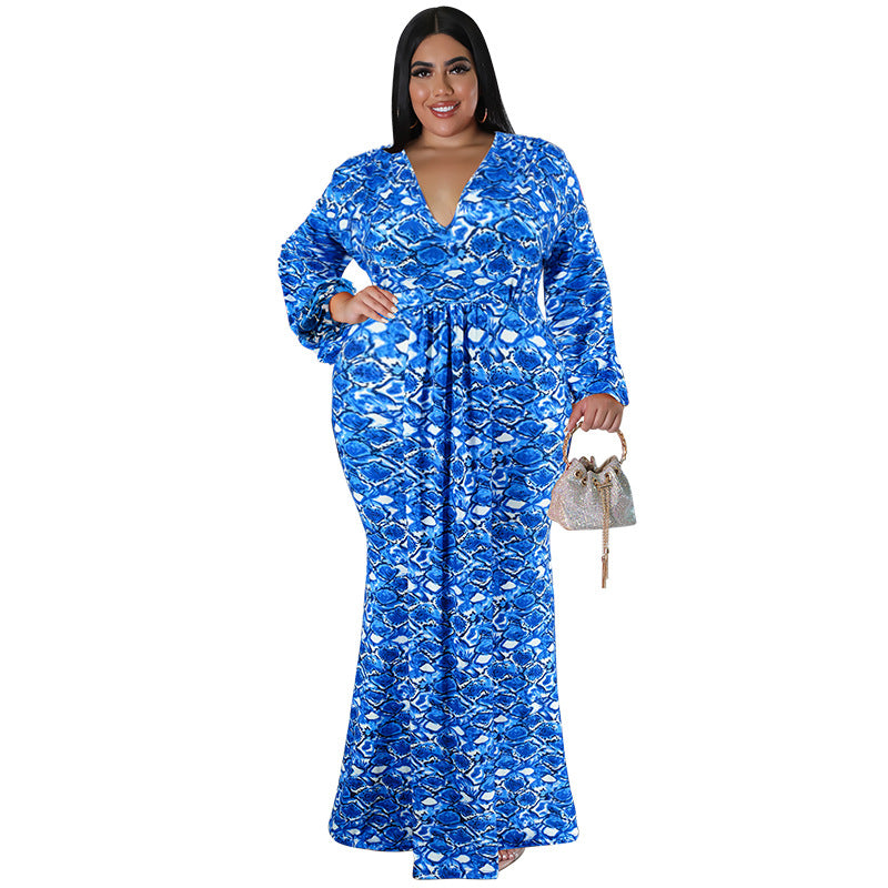 Plus Size Women'S Print V-Neck Fashion Long Sleeve Mermaid Long Dress 3