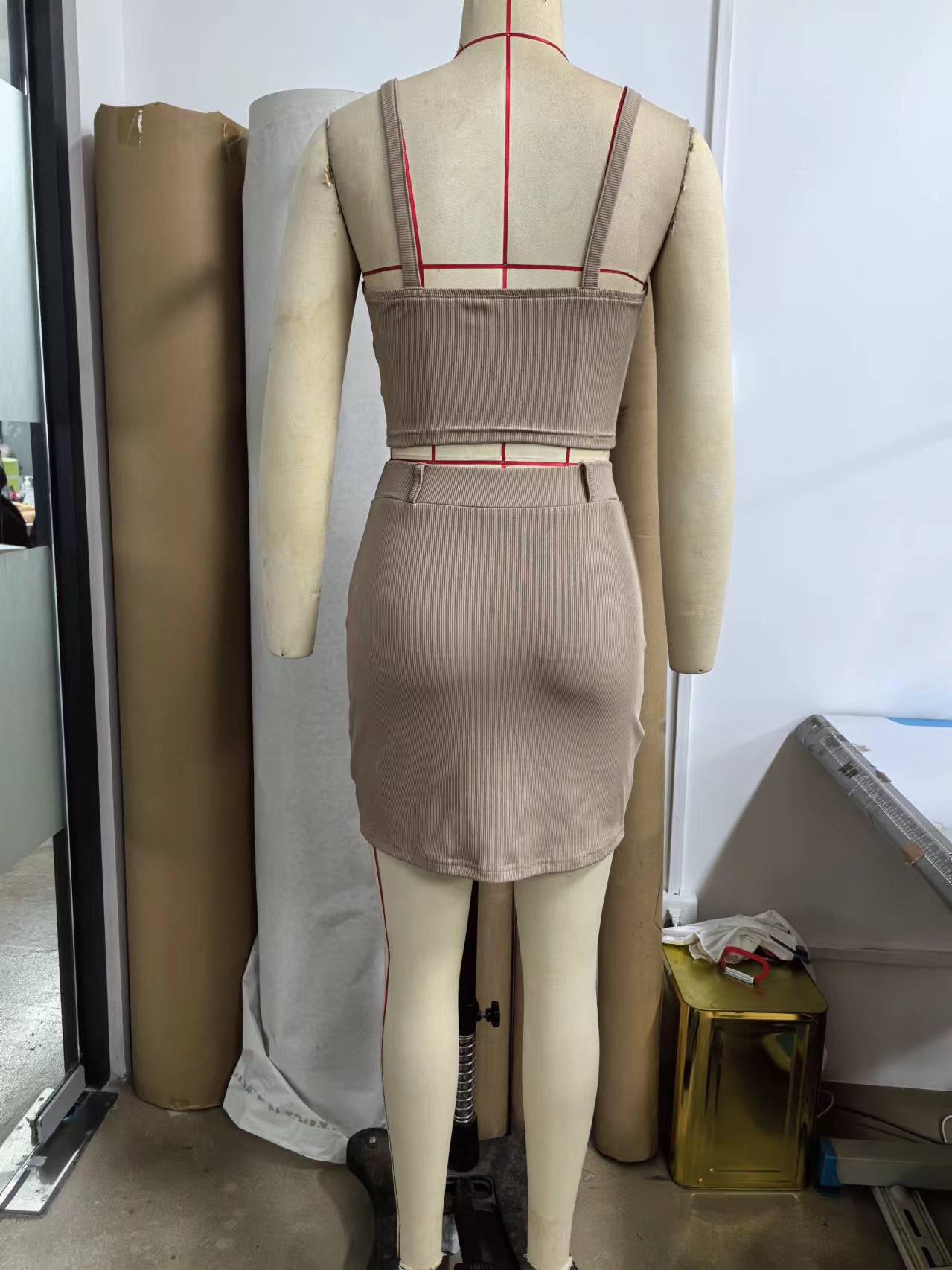 Women's Summer Autumn Button Square Neck Camisole Top Tight Slim Short Skirt Two Piece Set 8