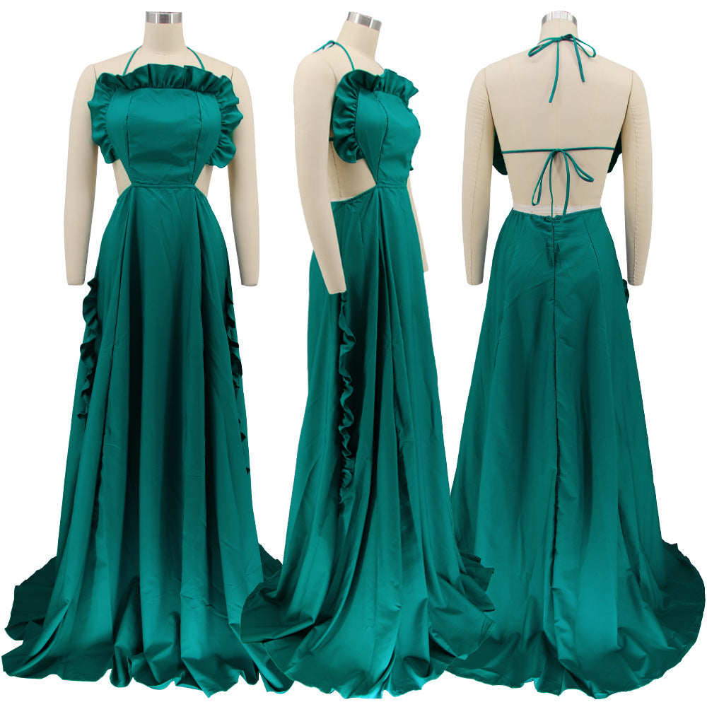 Sleeveless Halter Neck Ruffle Dress Sexy Solid Low Back Maxi Dress 11