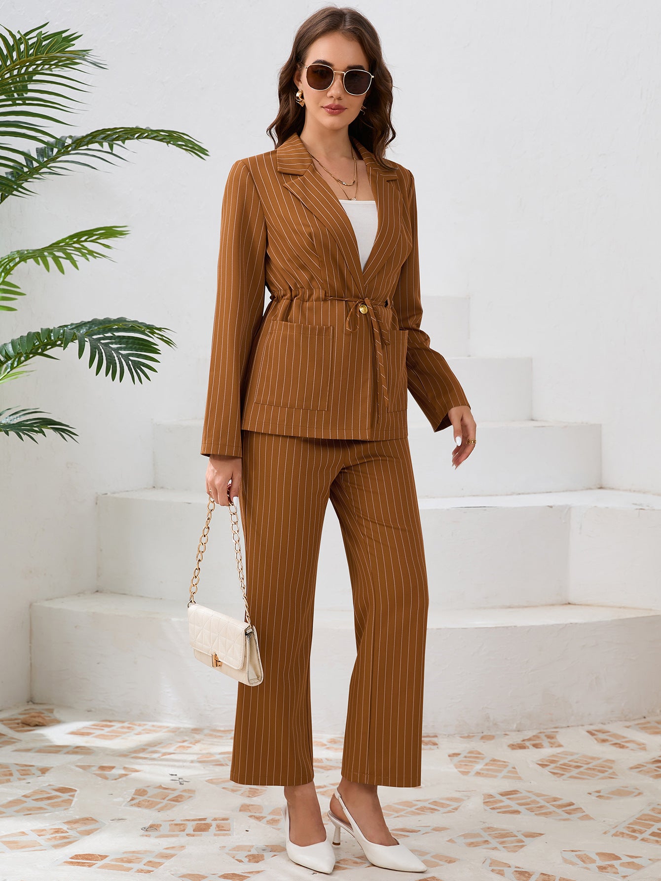Casual Stripe Turndown Collar Strap Blazer Jacket Straight Pants suits Women's two-piece set