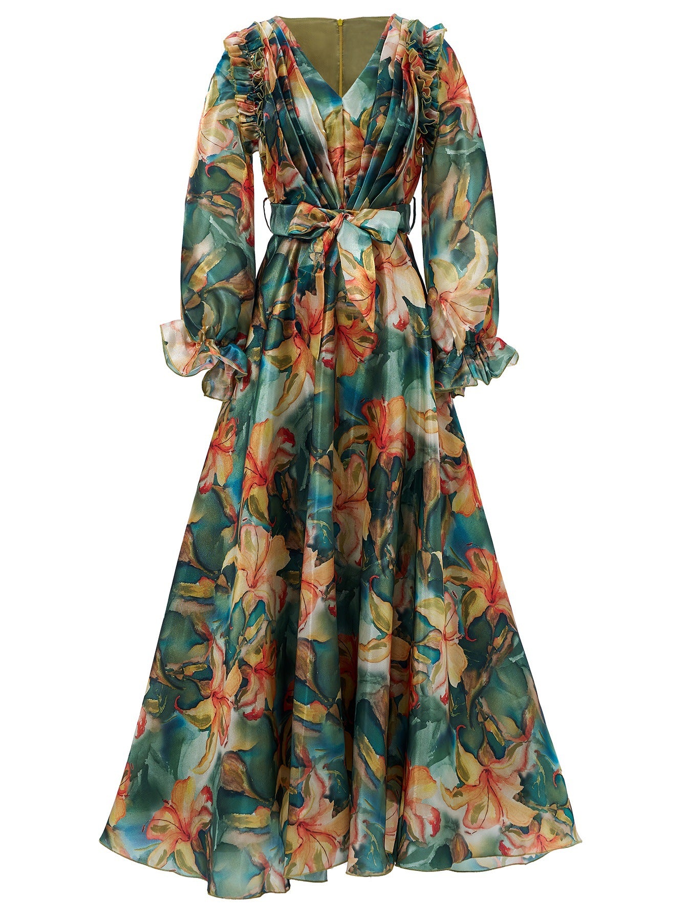 Elegant Women's Long-Sleeve V-Neck Ruffled Formal Party Mesh Evening Gown 5