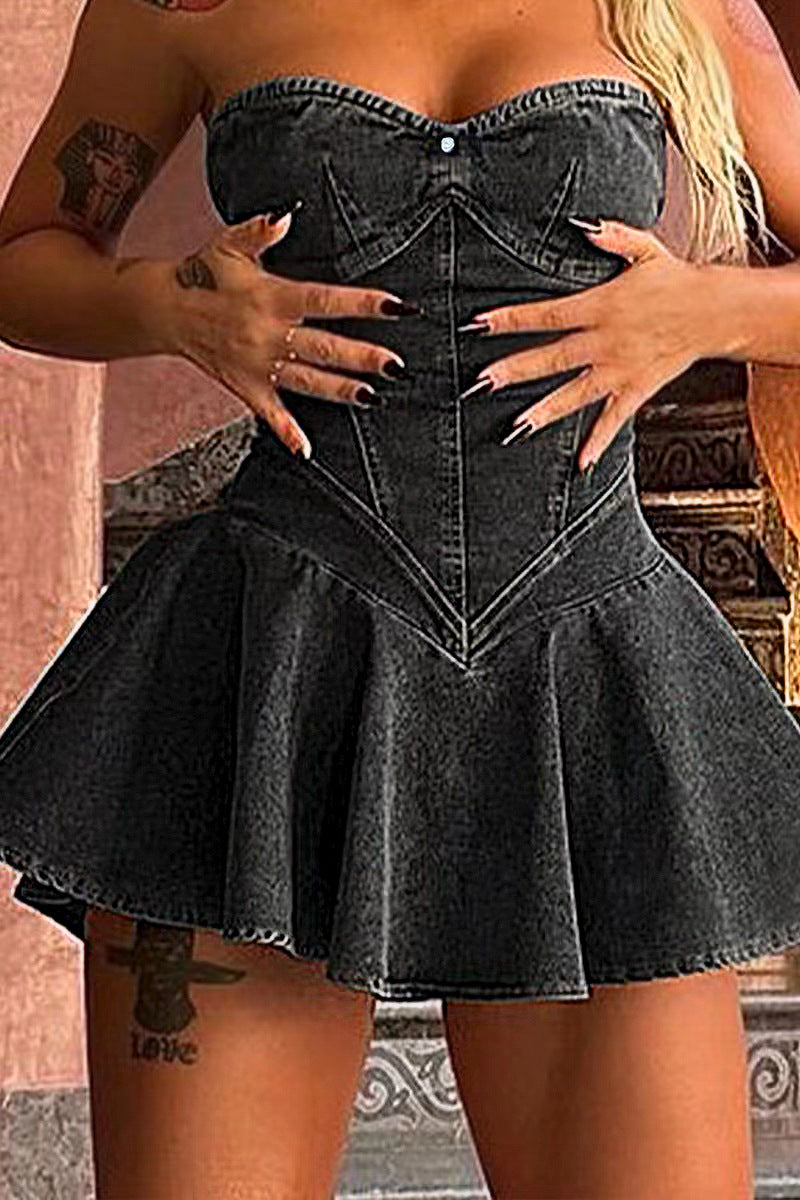 Women Summer Strapless Elastic Bodycon Denim Dress 6