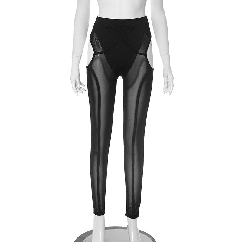 Women Spring and Summer Mesh See-Through Hollow Cross Line Loose Pants 6