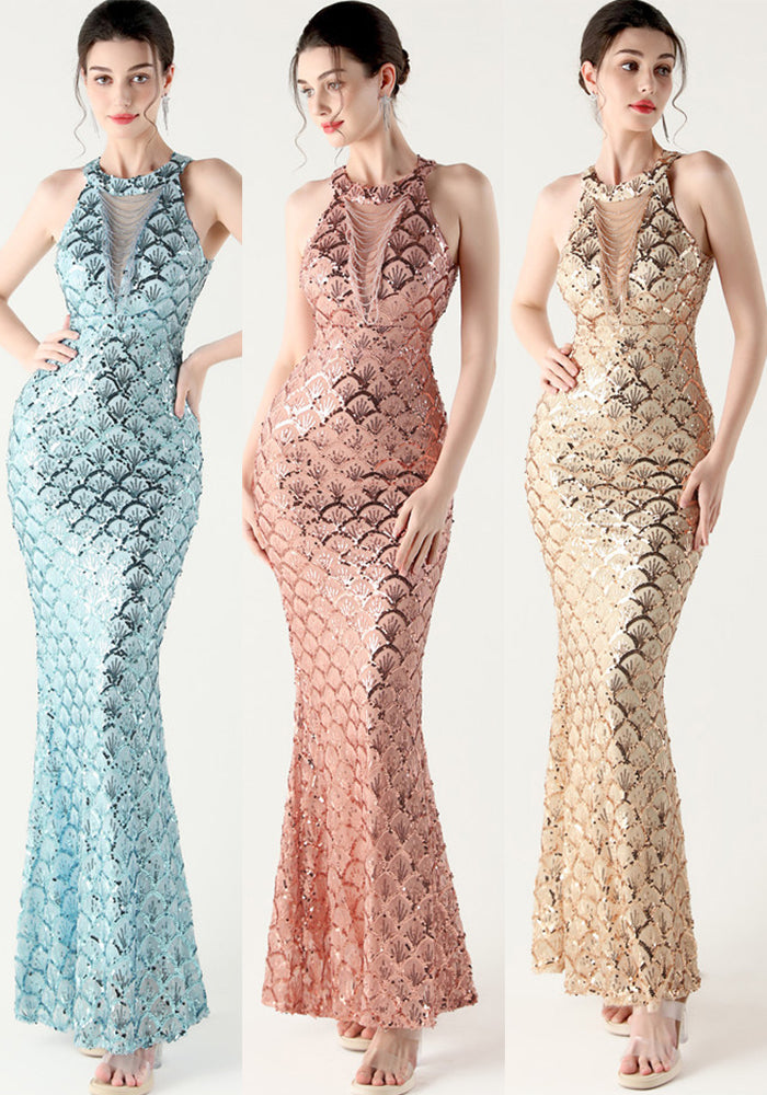 Women Halter Neck high collar hollow fishtail Bodycon fish scale sequin Formal Party evening dress
