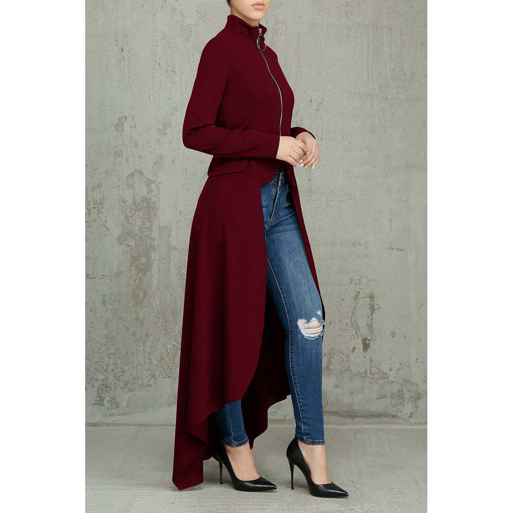 Spring Long-Sleeved High-Neck Slim Zipper Irregular Long Dress 49