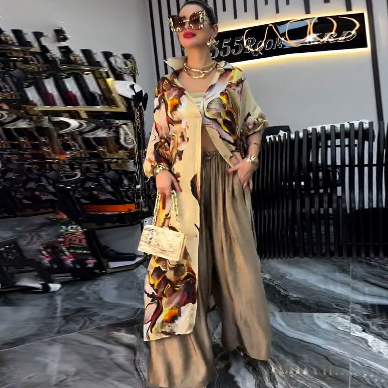 Stylish Printed Loose Cardigan Top Wide-Leg Trousers - Two-Piece Set 3