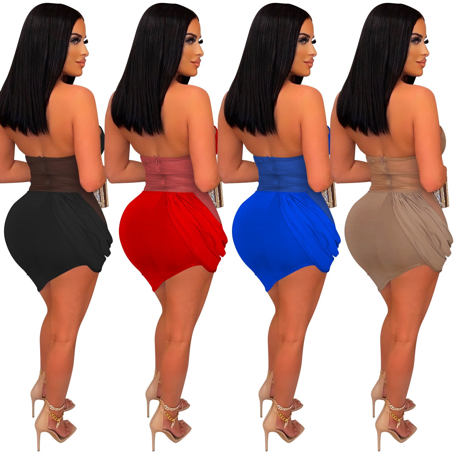 Solid color mesh See-Through cut out pleated irregular dress women 6