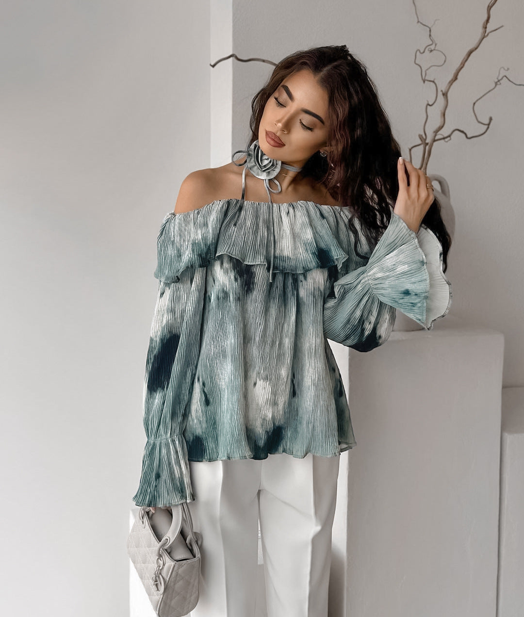 Women Floral Casual Print Off Shoulder Lace-up Bell Bottom Sleeve Top