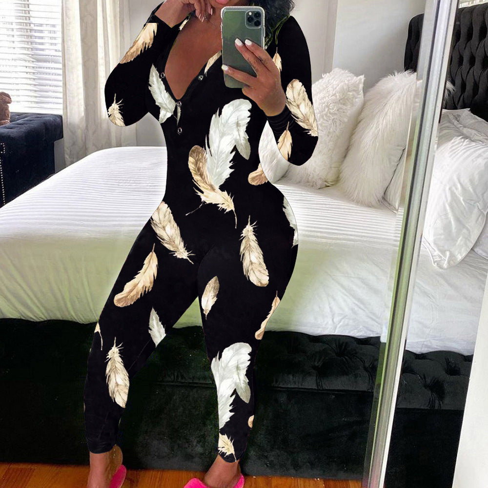 Women's Sexy Fashion Pattern Print Deep V-Neck Long Sleeve Tight Slim Jumpsuit 25