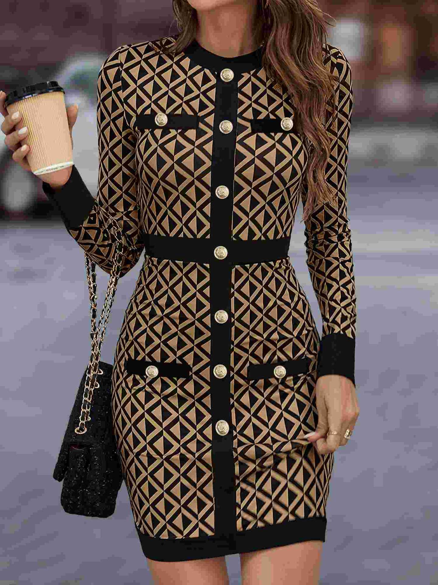 Spring Plaid Contrast Color Patchwork Fashionable Women's Bodycon Dress 7