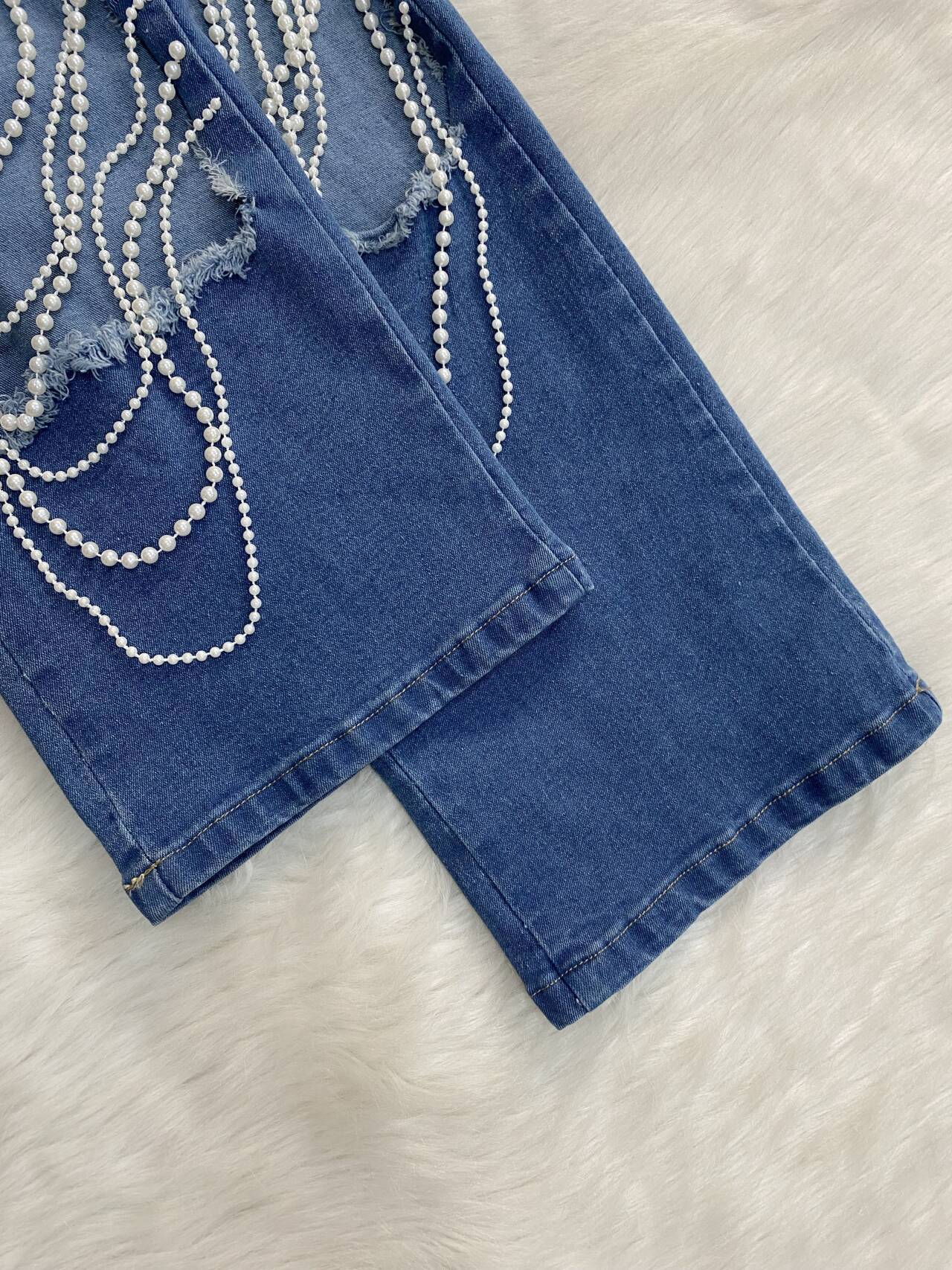 Women Washed Ripped Knitting Denim Pants 8