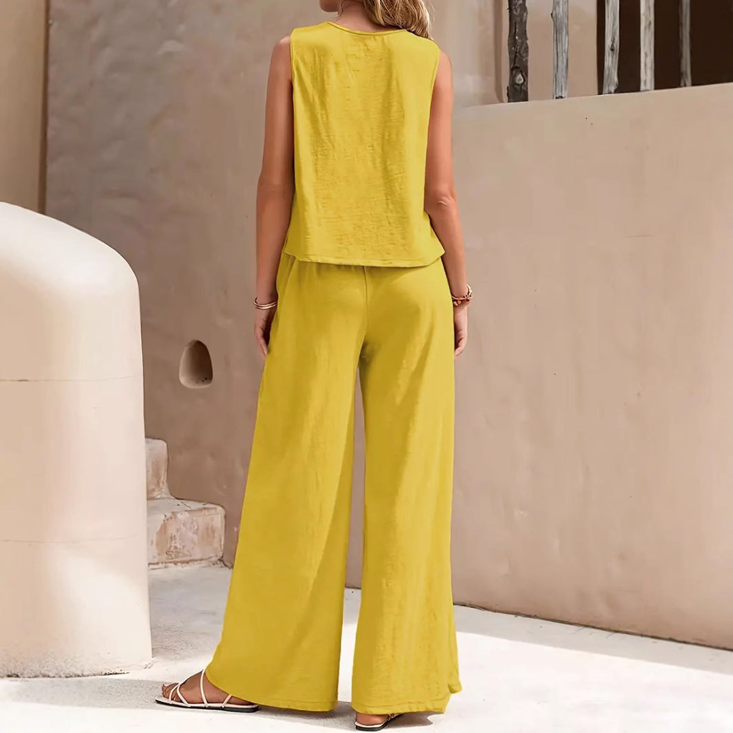 Plus Size Women Summer Casual Sleeveless Vest + Wide-leg Pants Two-piece Set 4