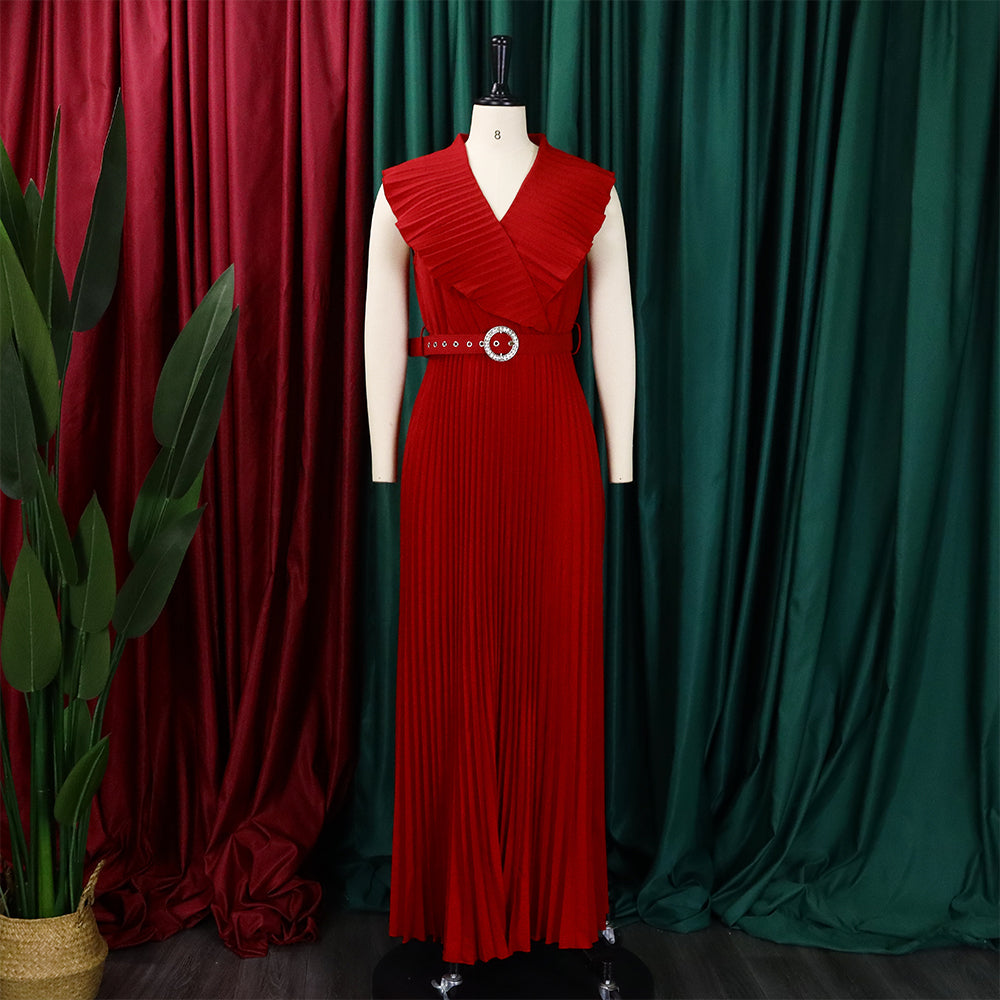 Women Summer Sexy Ruffled Pleated Maxi Dress with Belt 18