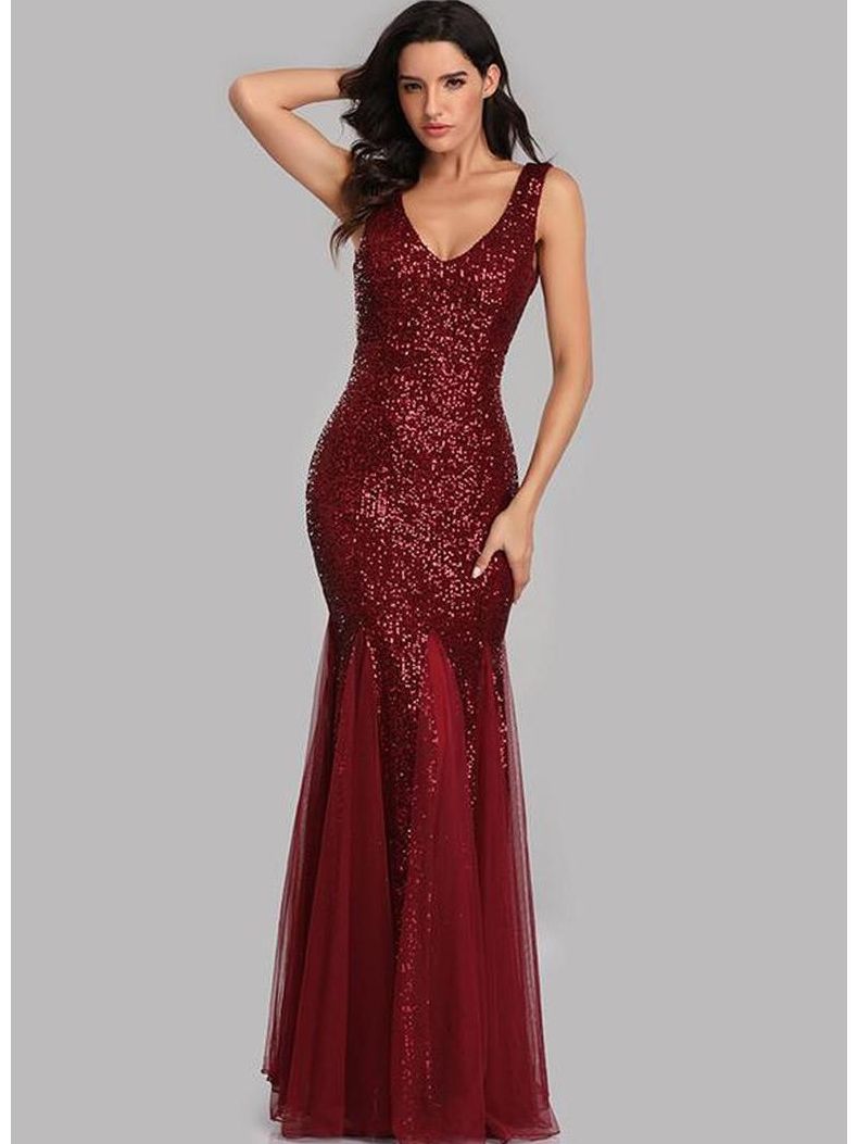 Women Sequin Red Sexy Mermaid Formal Party Evening Dress 9