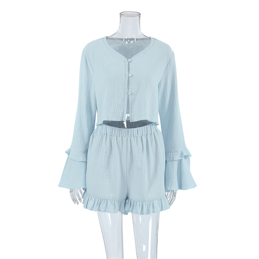 Women Lotus Edge Long-sleeved Top and Shorts Two-piece Set 9