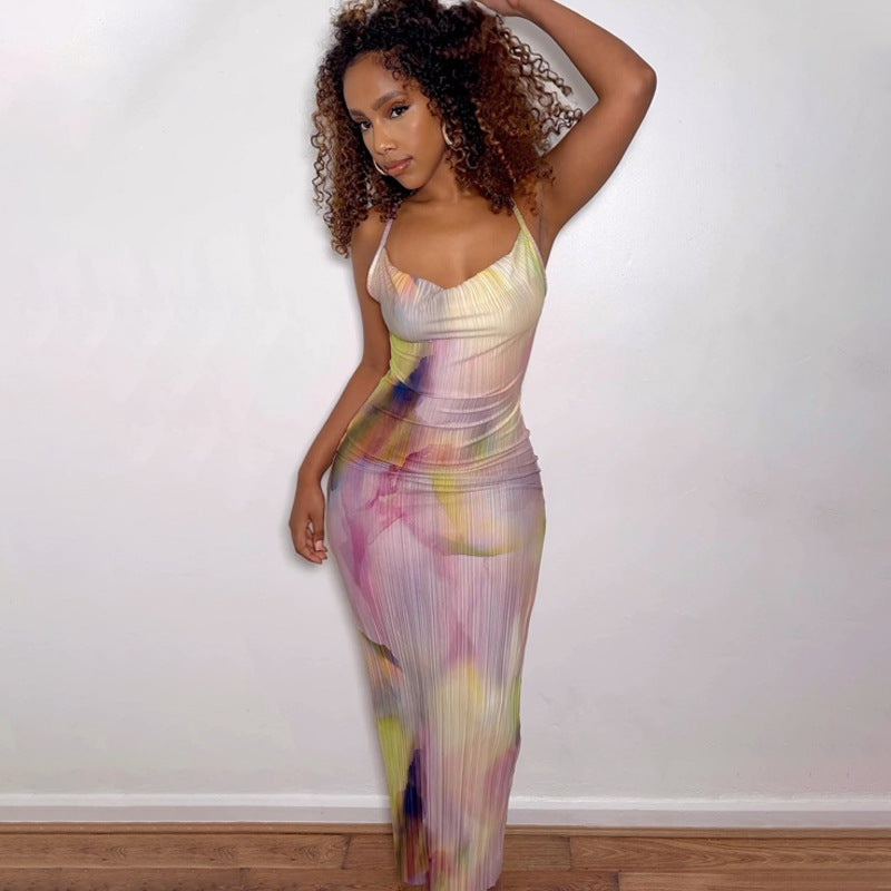 Women's Summer Fashion Print Chic Slim Low Back Strap Dress