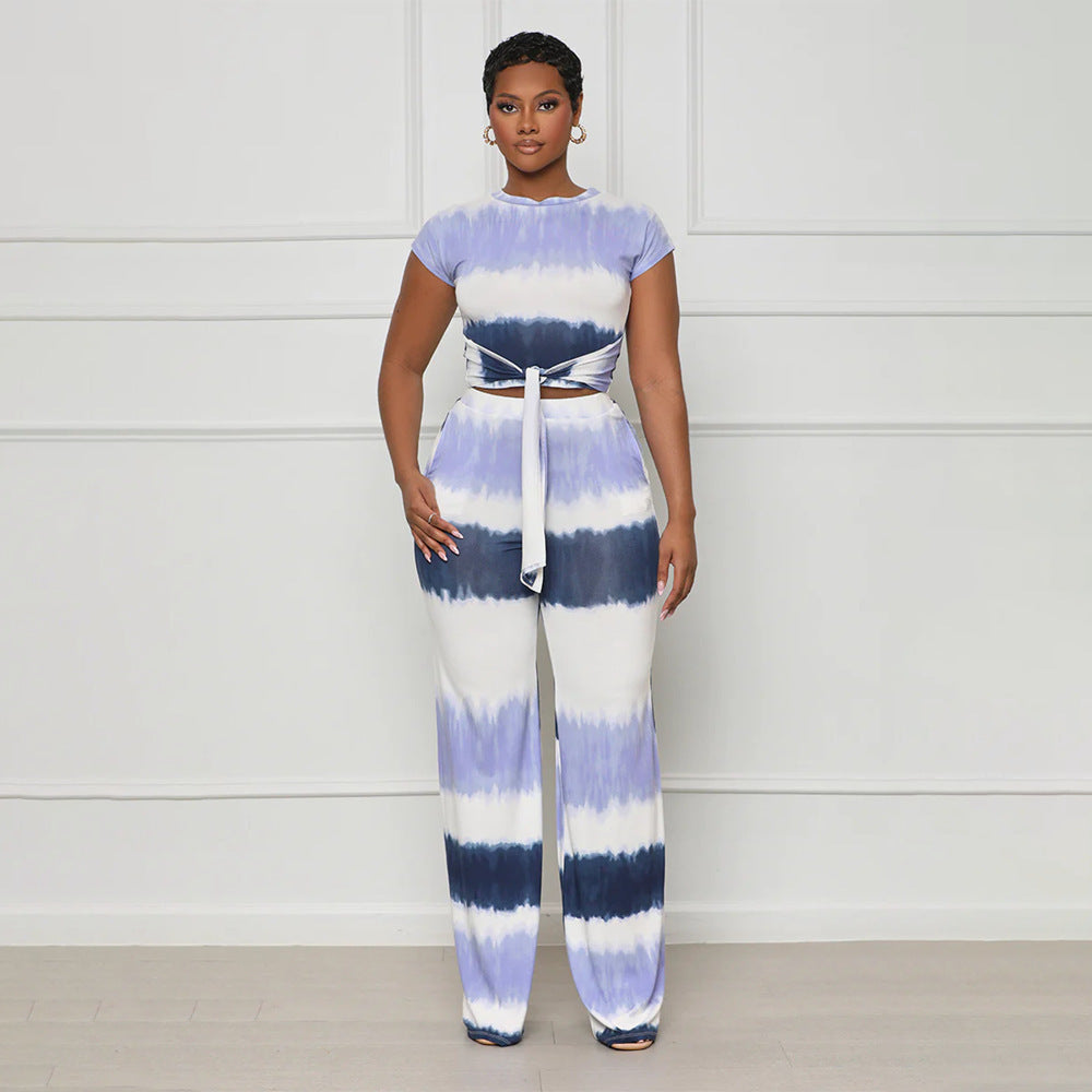 Women's Fashion Tie Waist Open Waist Top Sexy Straight Pants Gradient Color Outfit Set 6