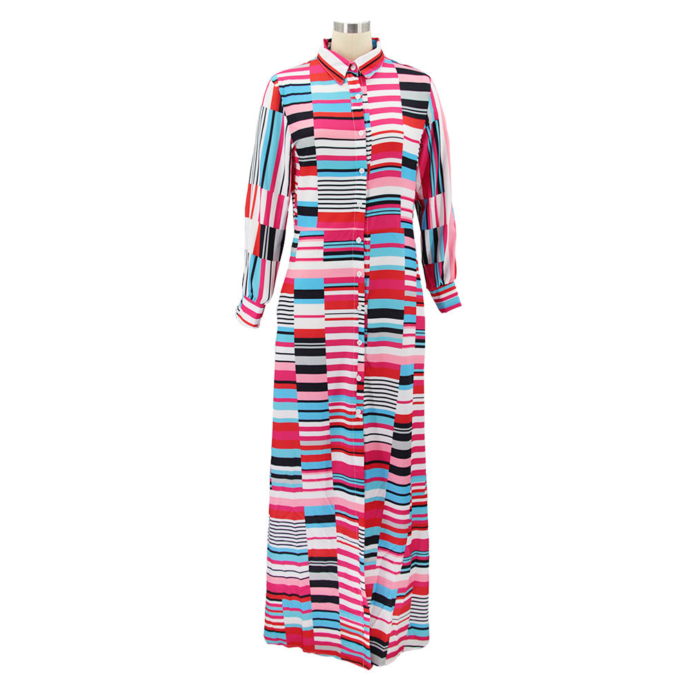 Women Irregular Print Turndown Collar Long Sleeve Maxi Dress 8