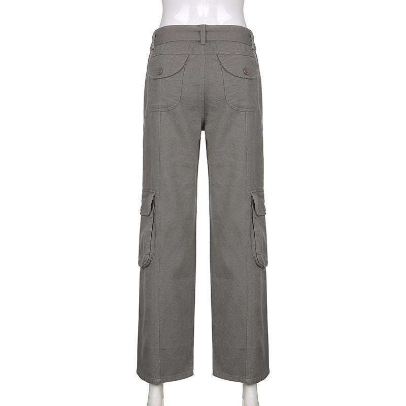 Street Hipster Women Clothing Casual Loose Drawstring Belt High Waist  Grey Wide Leg Denim Cargo Pants 25