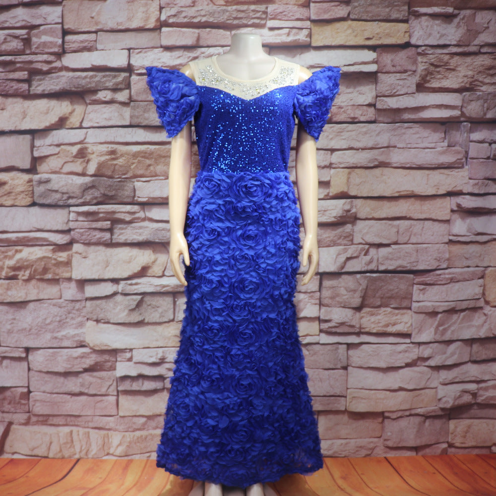 African Women's Dress Luxury Embroidery Off Shoulder Mesh Beaded Belted Evening Dress 17