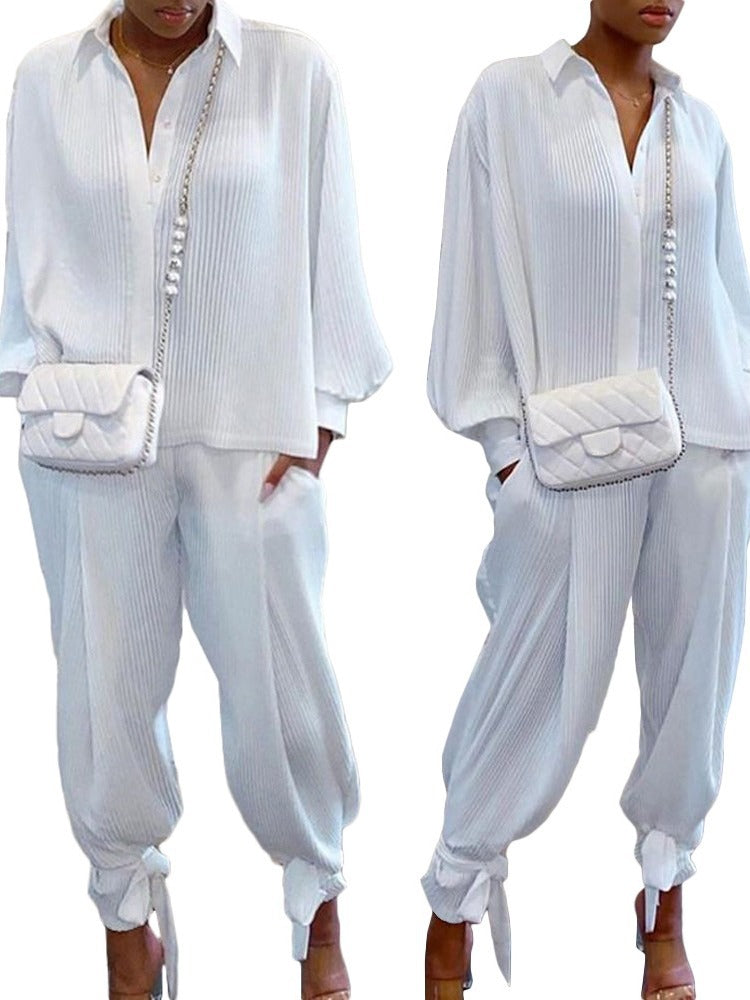 Women Autumn and Winter Solid Lace-Up Loose Ribbed Shirt and Pant Two-piece Set 6