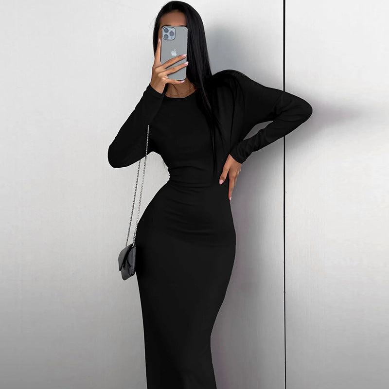 Women Solid Long Sleeve Bodycon Slit Dress 3