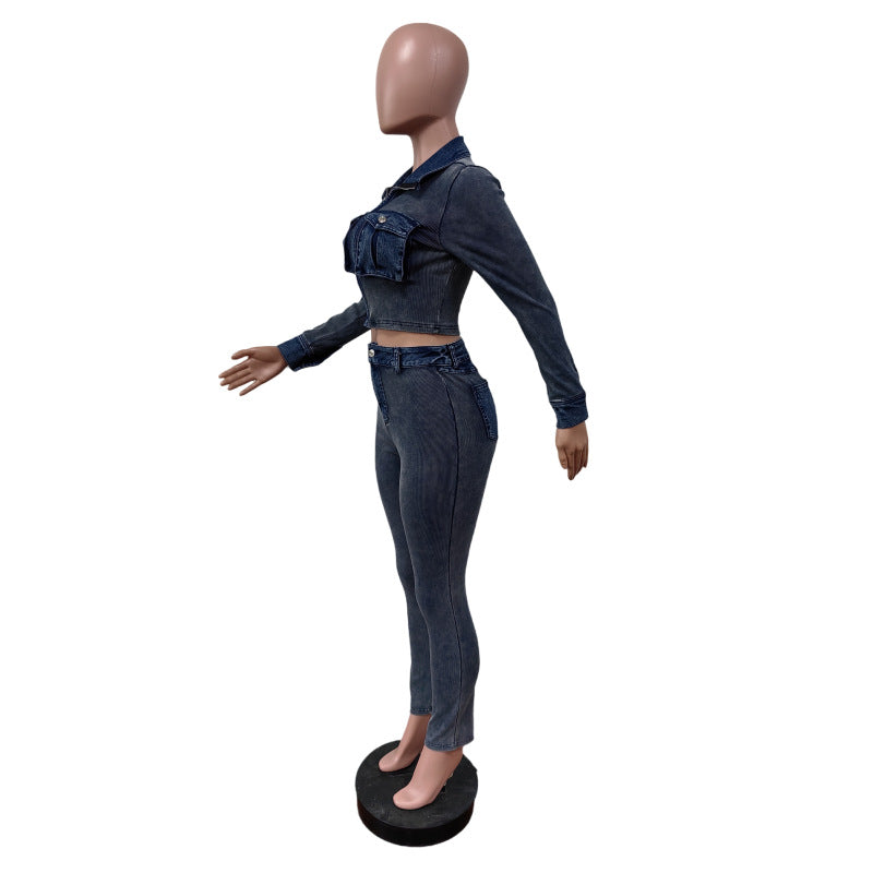 Women Denim Patchwork Ribbed Sretchy Long Sleeve Top and Pant Two-Piece Set 4