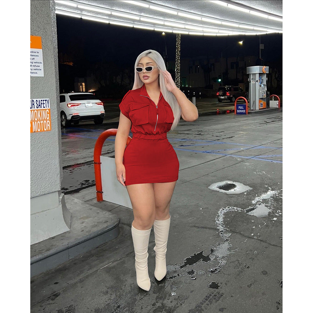 Women'S Summer Stand Collar Solid Color Zipper Short Sleeve Casual Dress 3