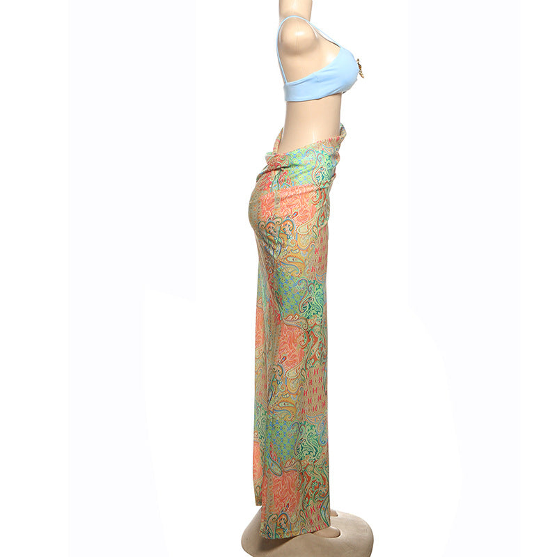 Spring Sexy Contrast Low Back Strappy Patchwork Open Waist Printed Maxi Dress 7