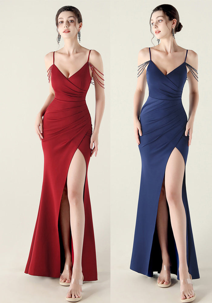 Women strap beaded chain Formal Party evening dress