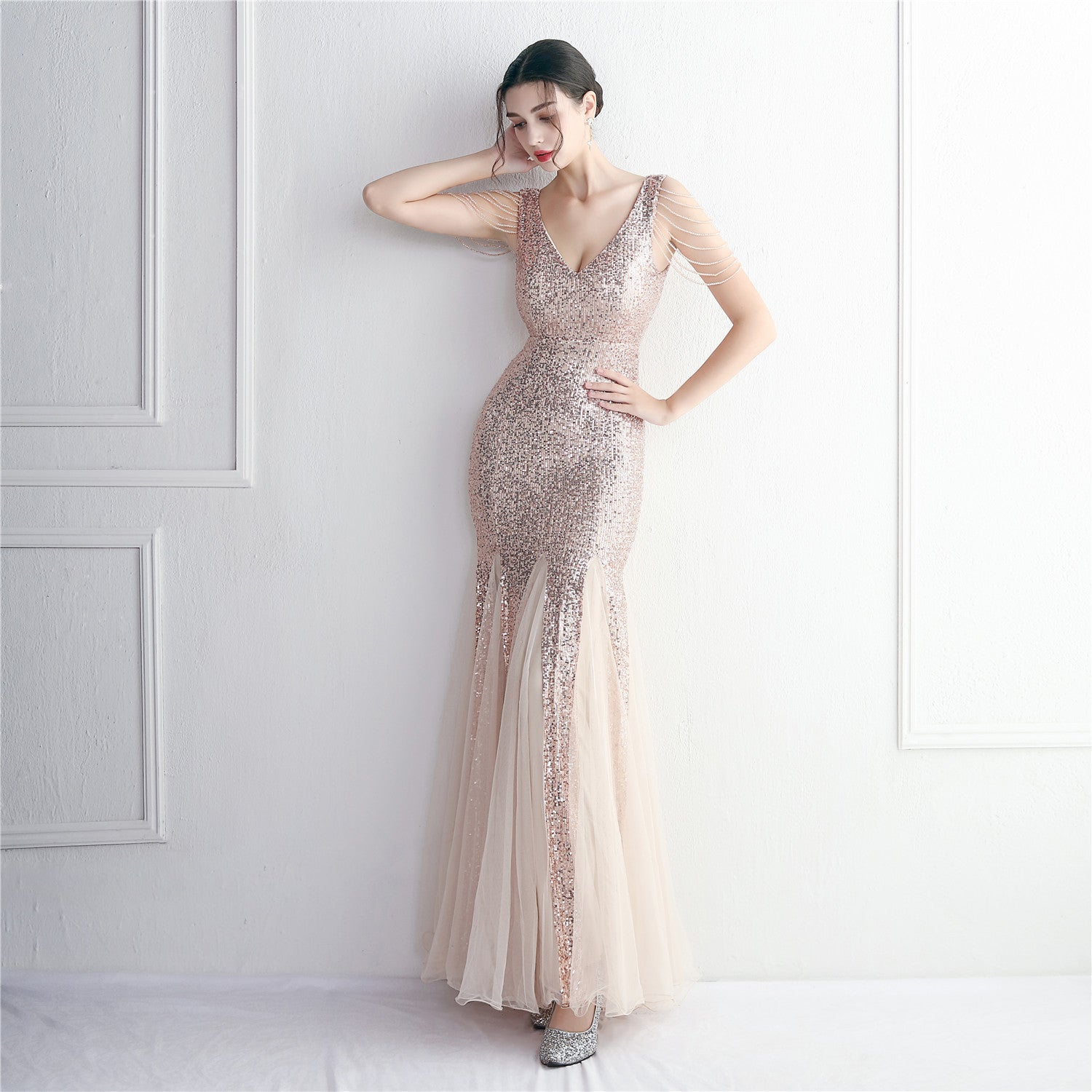 Beaded Mesh Evening Dress Long Formal Party Slim Evening Dress 4
