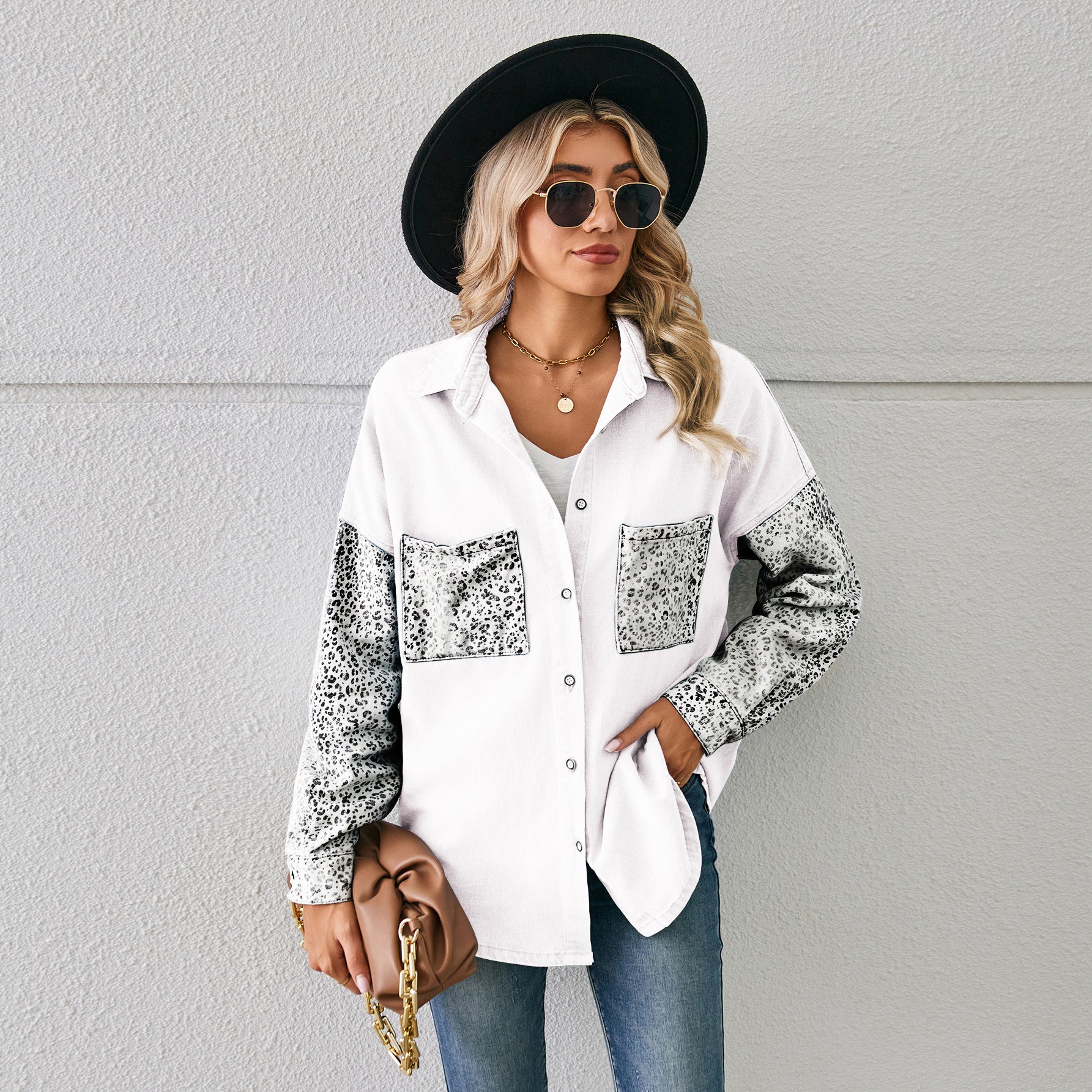 Women Loose Leopard Patchwork Denim Long Sleeve Shirt