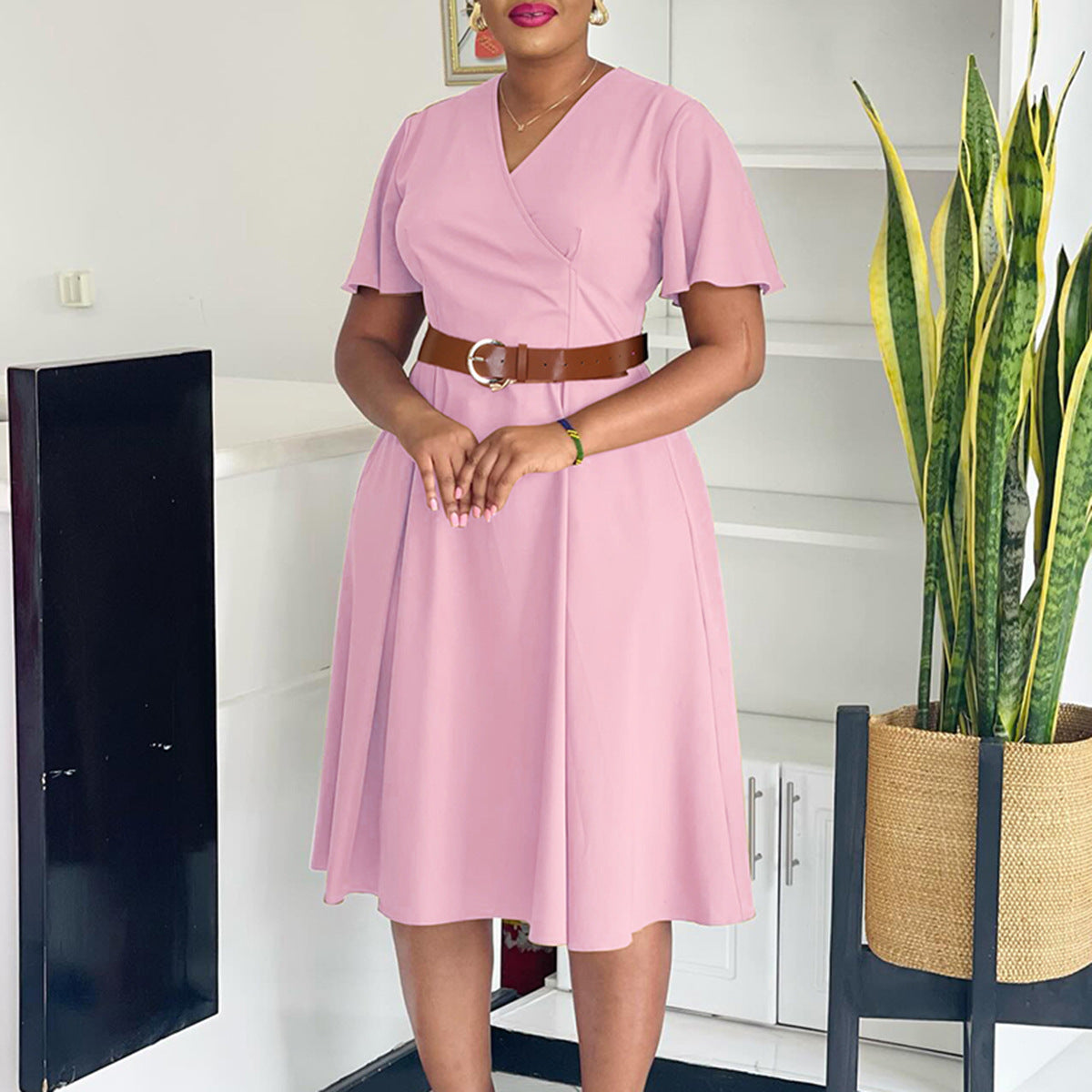 Plus Size Women Elegant Solid V-Neck Bell Bottom Sleeve African Dress 5