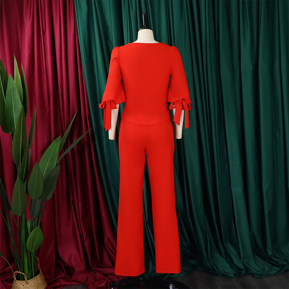 Women's Casual Set Loose Plus Size Lace-Up Top High Waist Wide Leg Pants Two-Piece Set 14