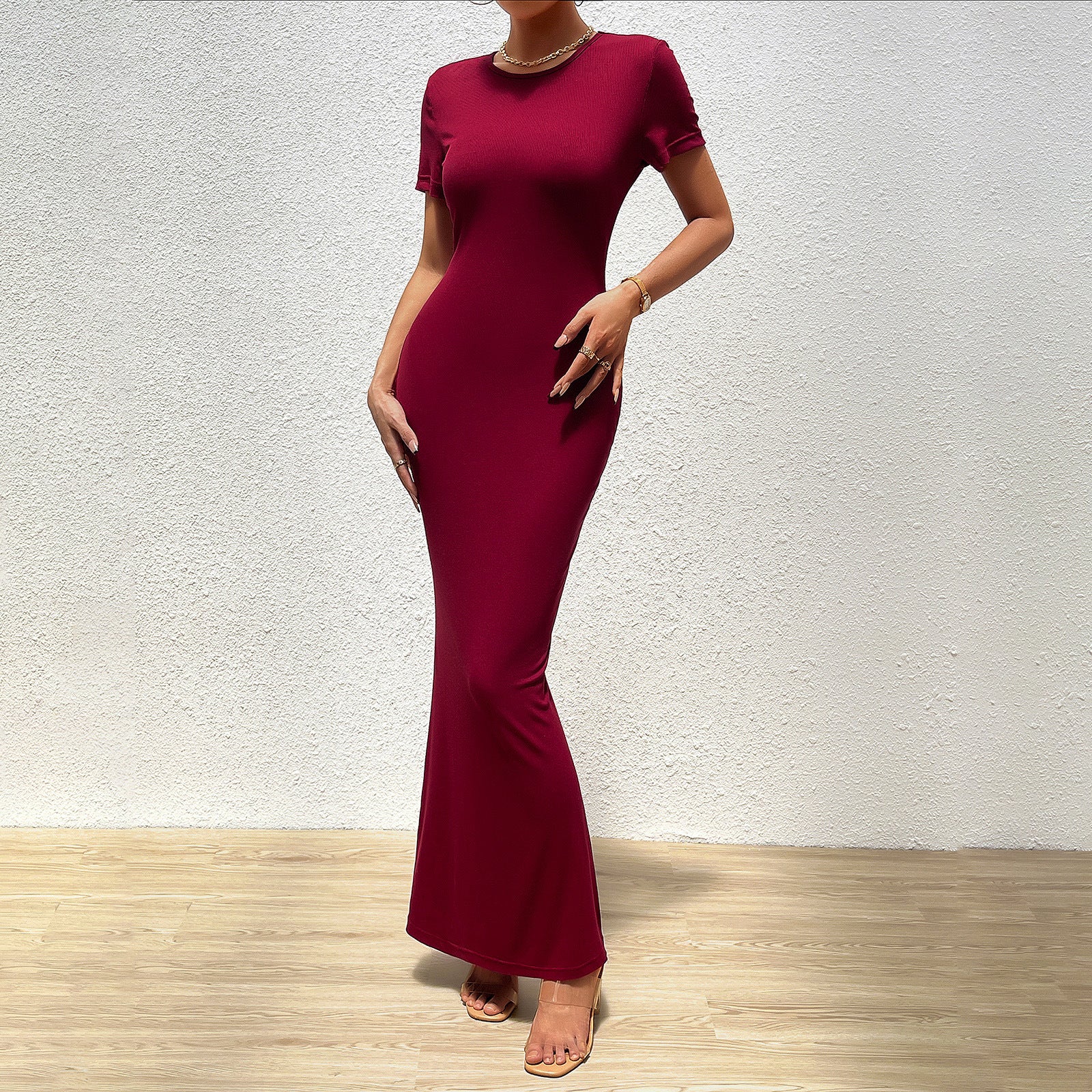 Women Elegant Solid Round Neck Short Sleeve Dress 8